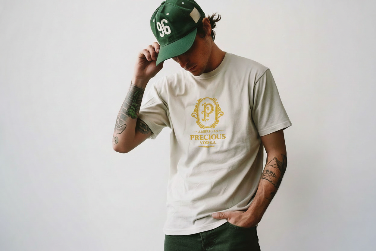 Americas Precious Vodka Large Logo on Model Shirt